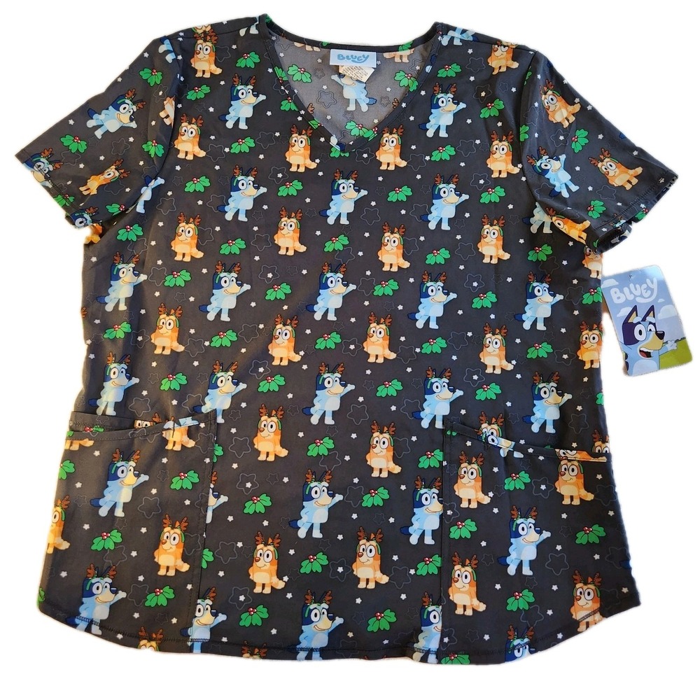 BLUEY Bingo Christmas Scrub Top Womens 1X‎ Shirt Holiday Medical Vet Pediatric